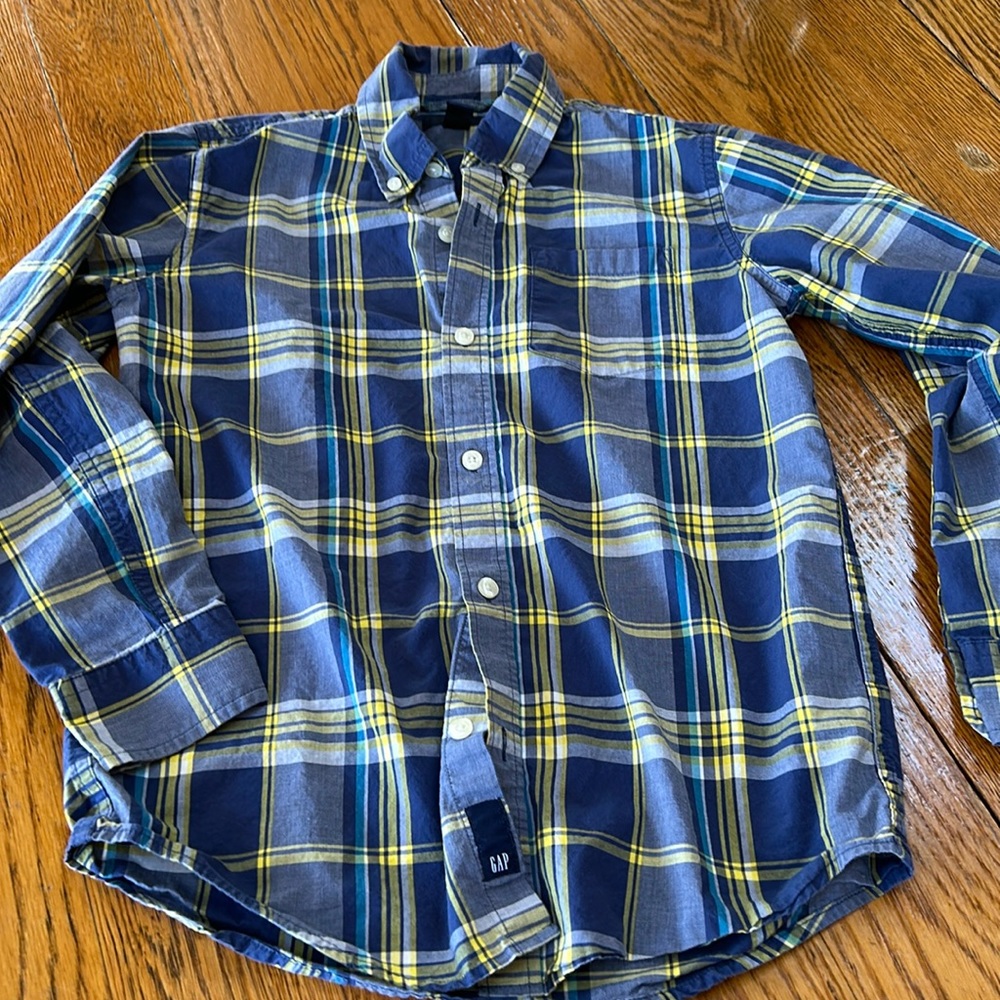 GAP boys blue and yellow plaid button down shirt. Size Large. Good condition.